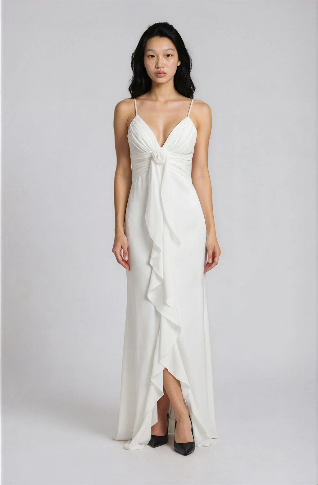Vestido Maxi Escote Pico con Volante