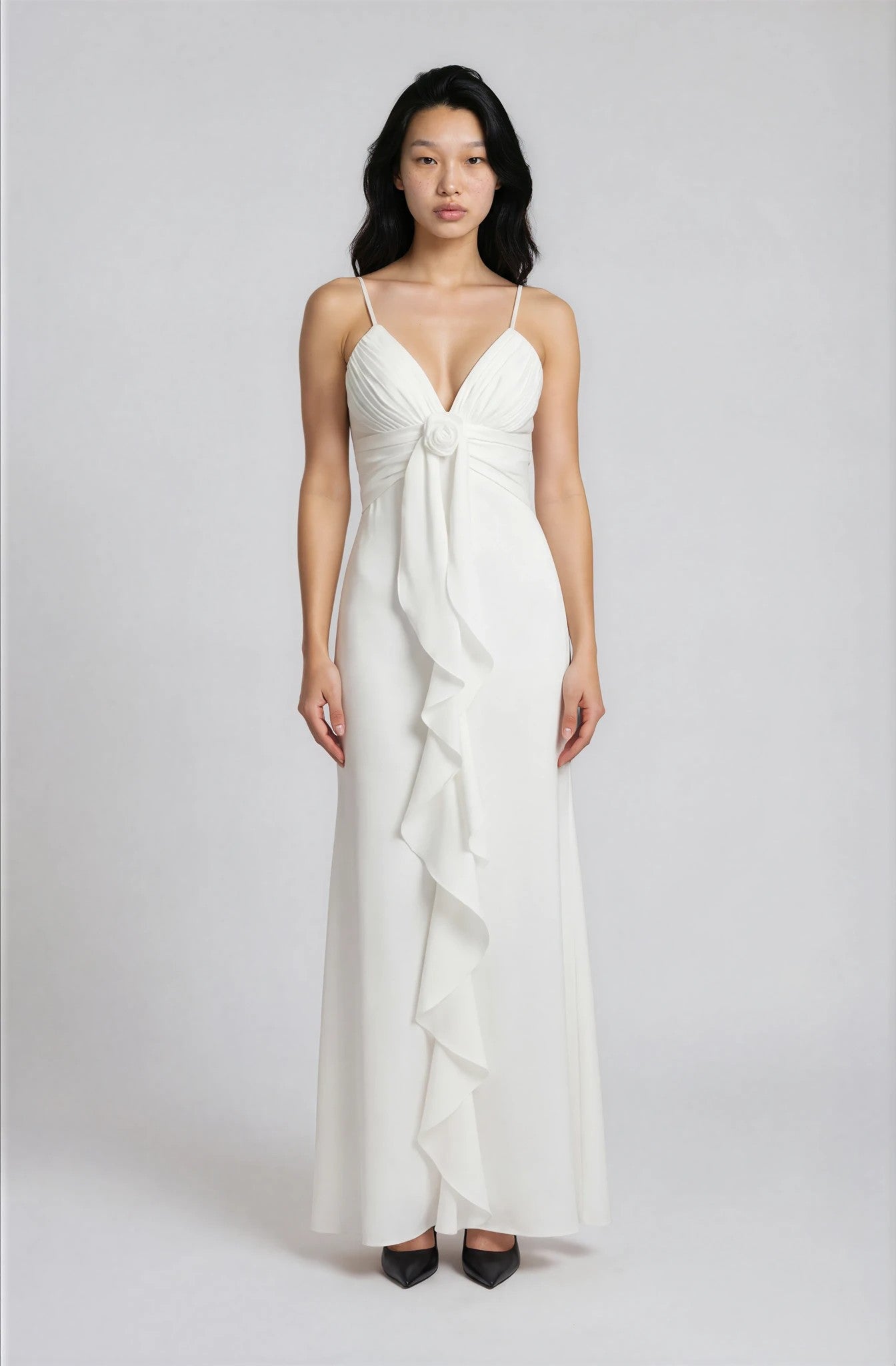 Vestido Maxi Escote Pico con Volante