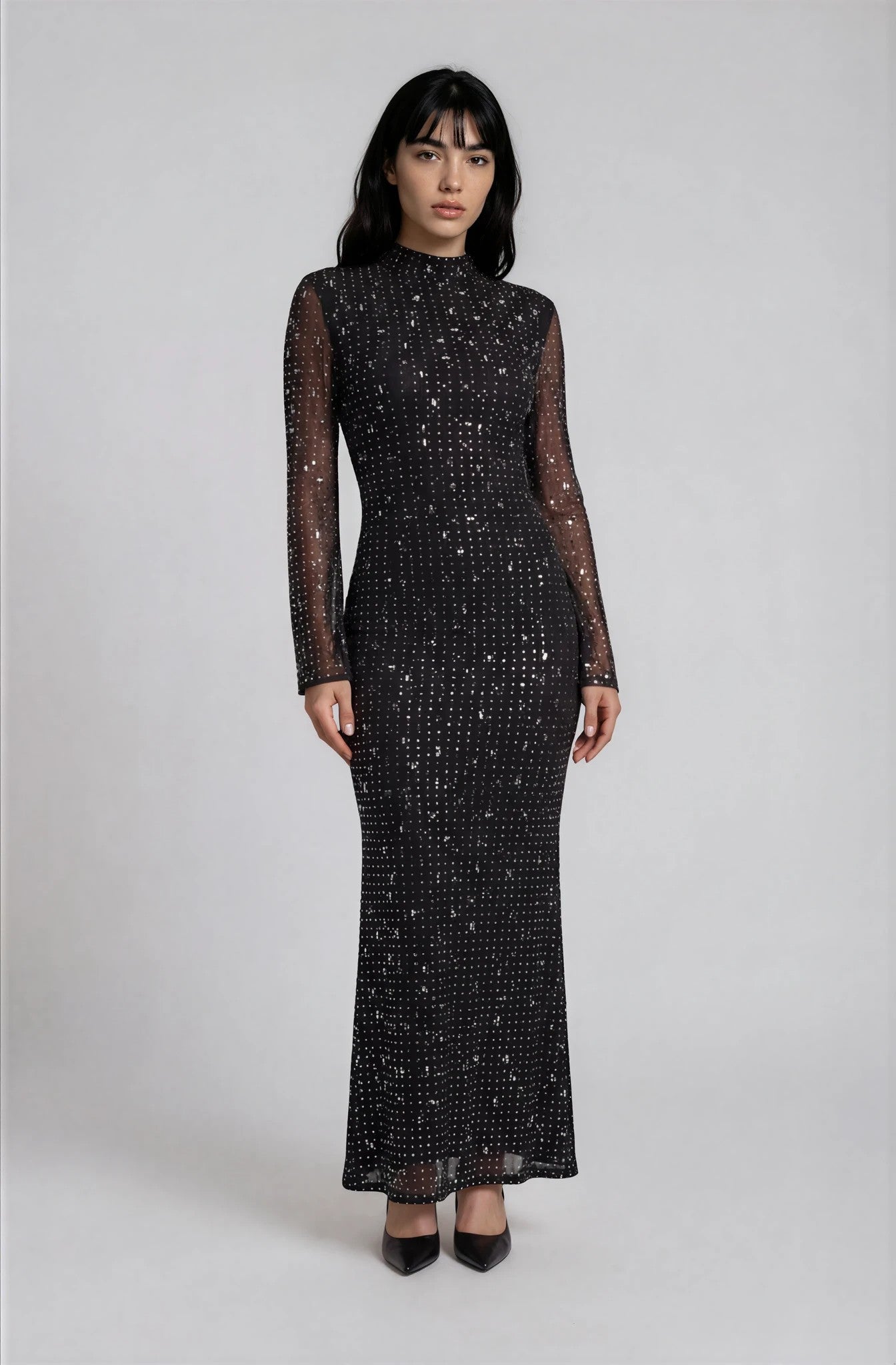 Vestido Maxi Strass Manga Larga