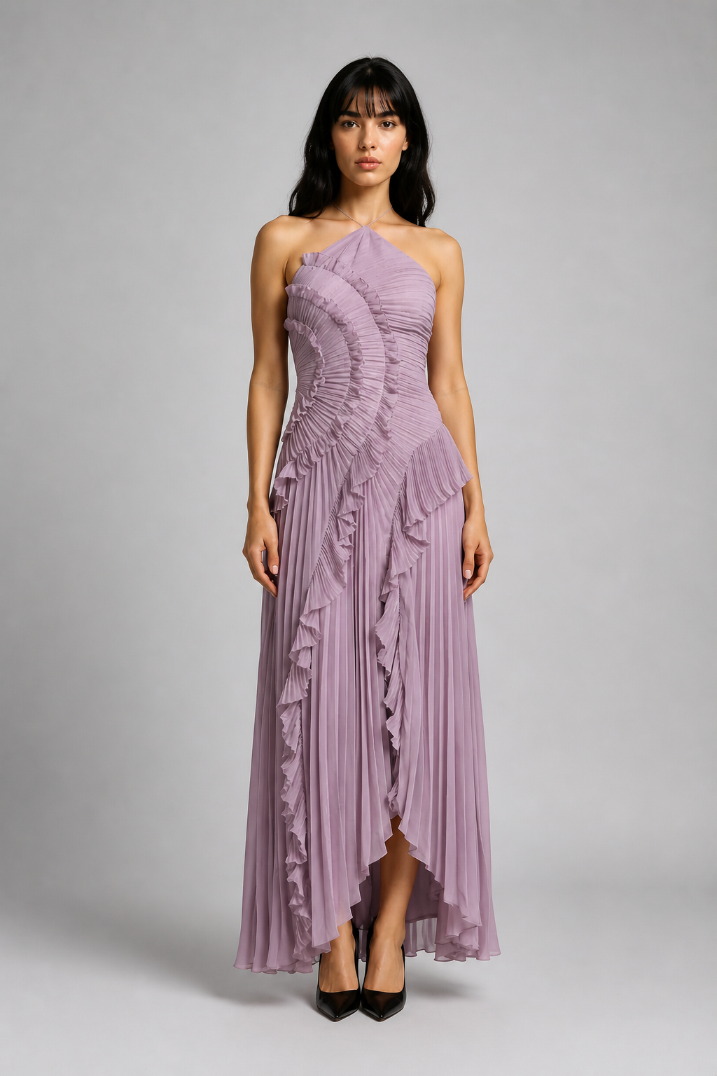 Vestido Midi Plisado con Volantes