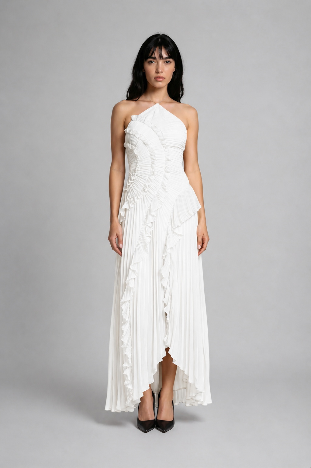 Vestido Midi Plisado con Volantes