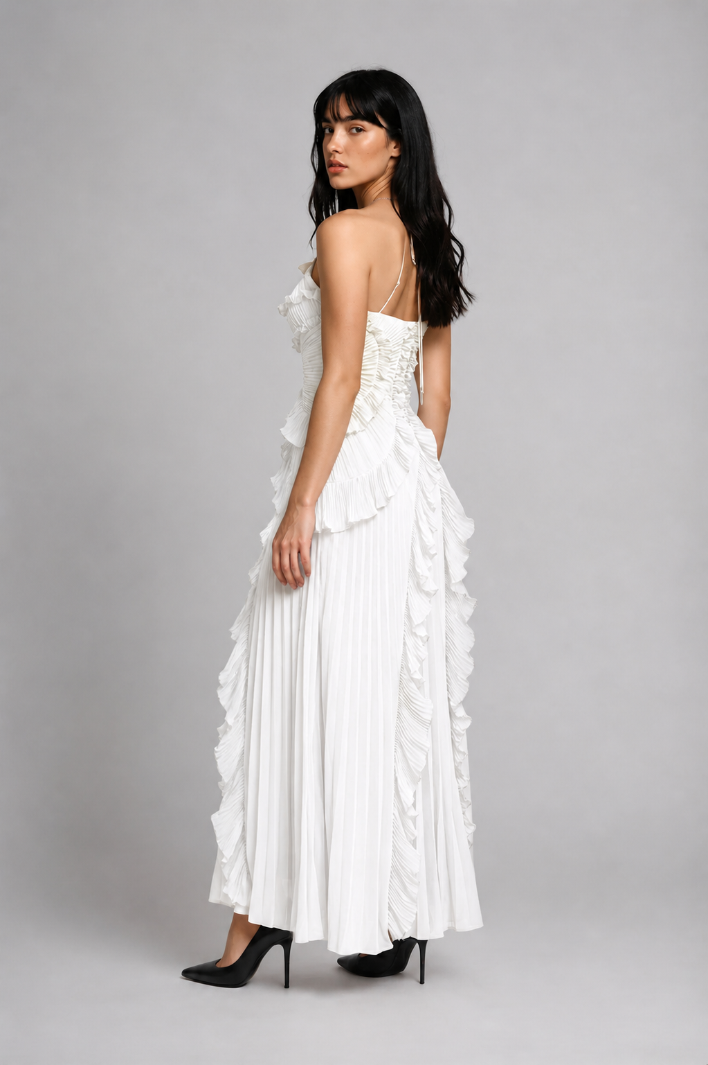 Vestido Midi Plisado con Volantes