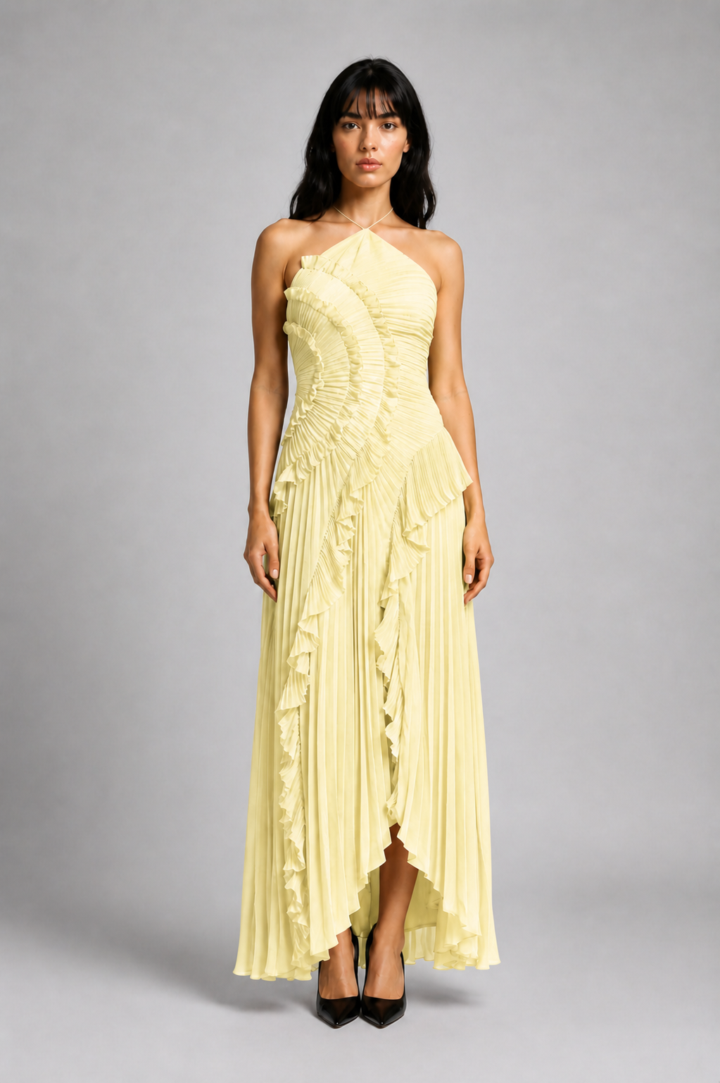 Vestido Midi Plisado con Volantes