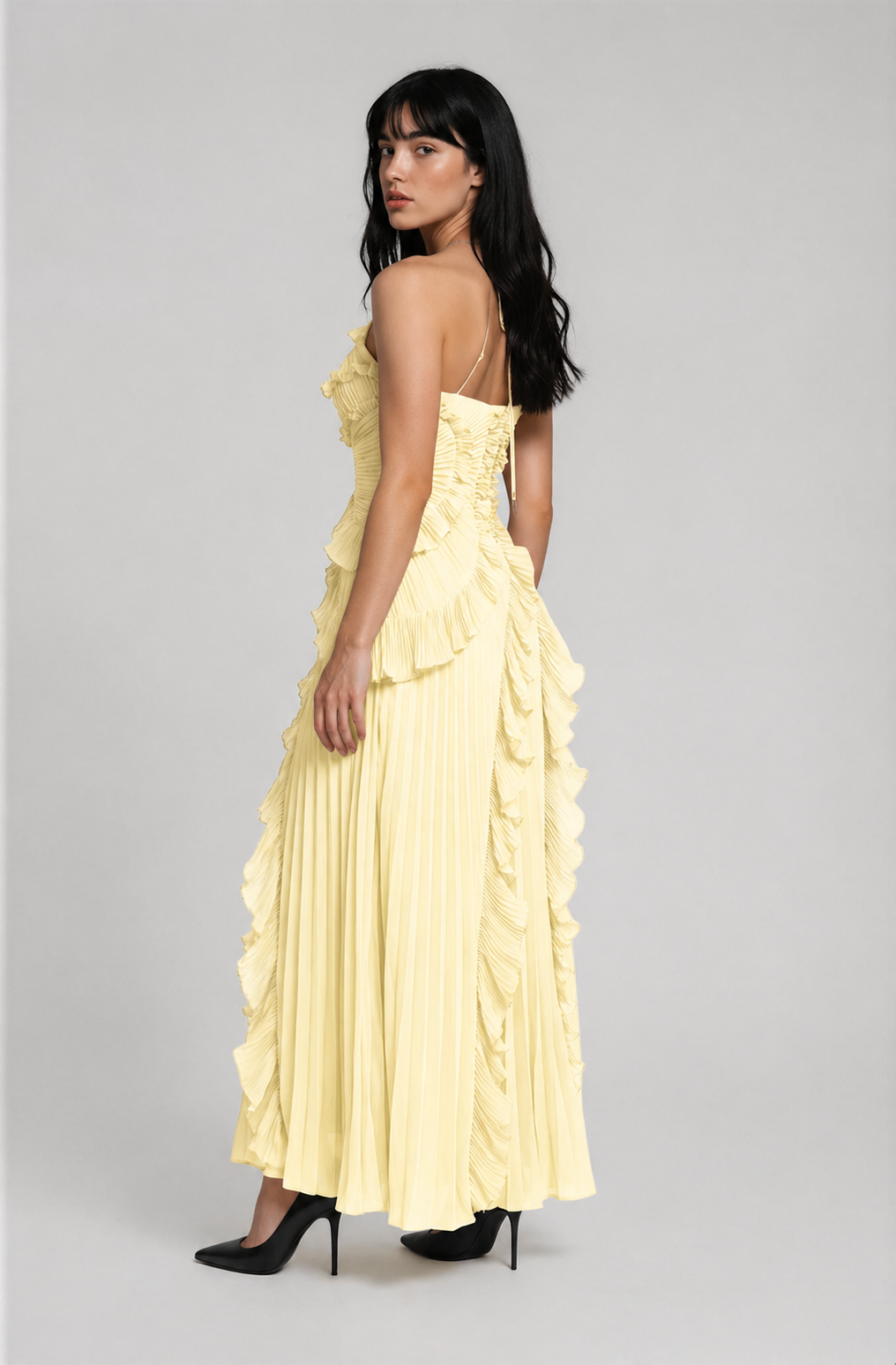 Vestido Midi Plisado con Volantes