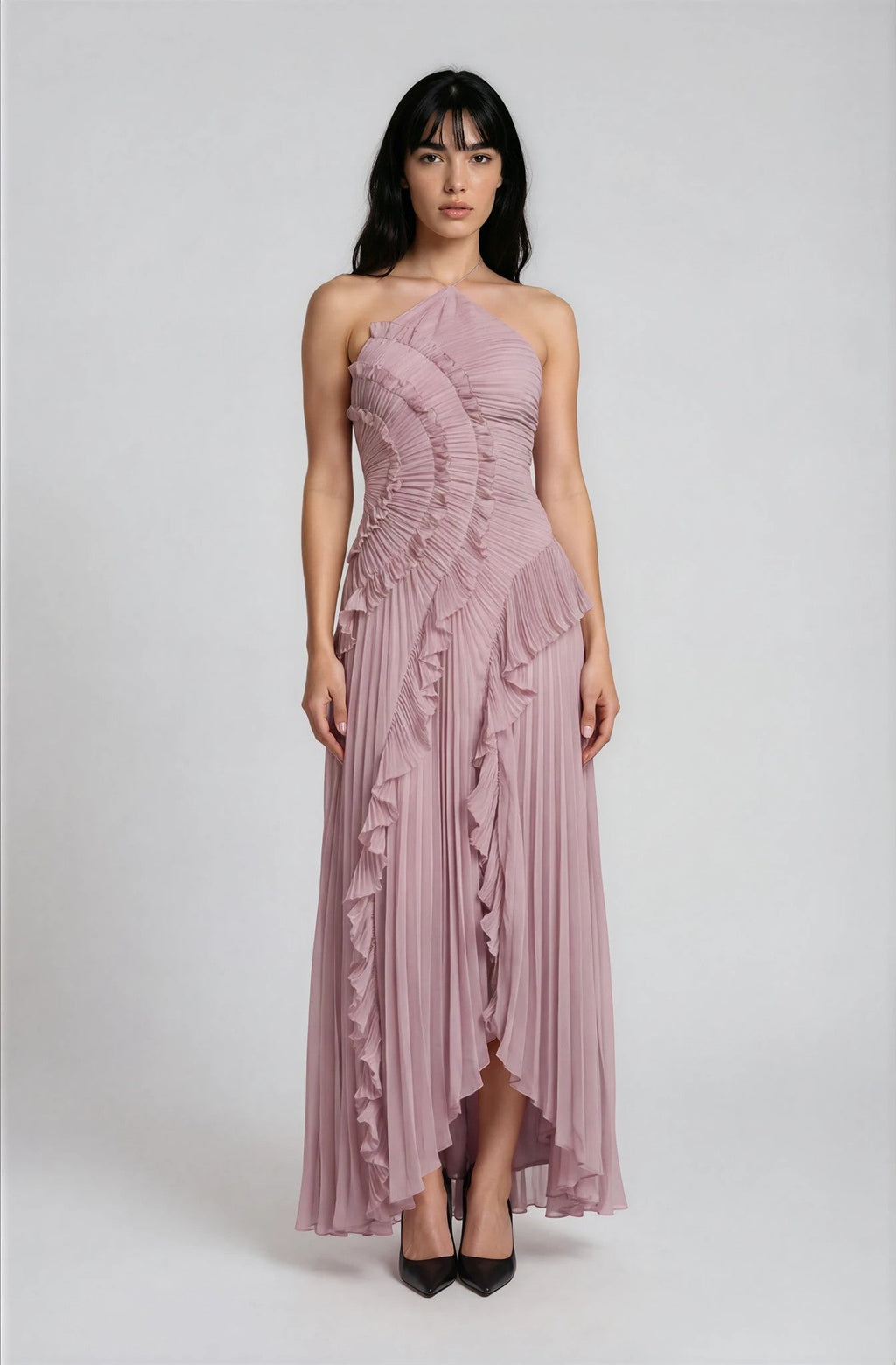 Vestido Midi Plisado con Volantes