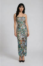 Vestido Midi Strapless Bordado Floral