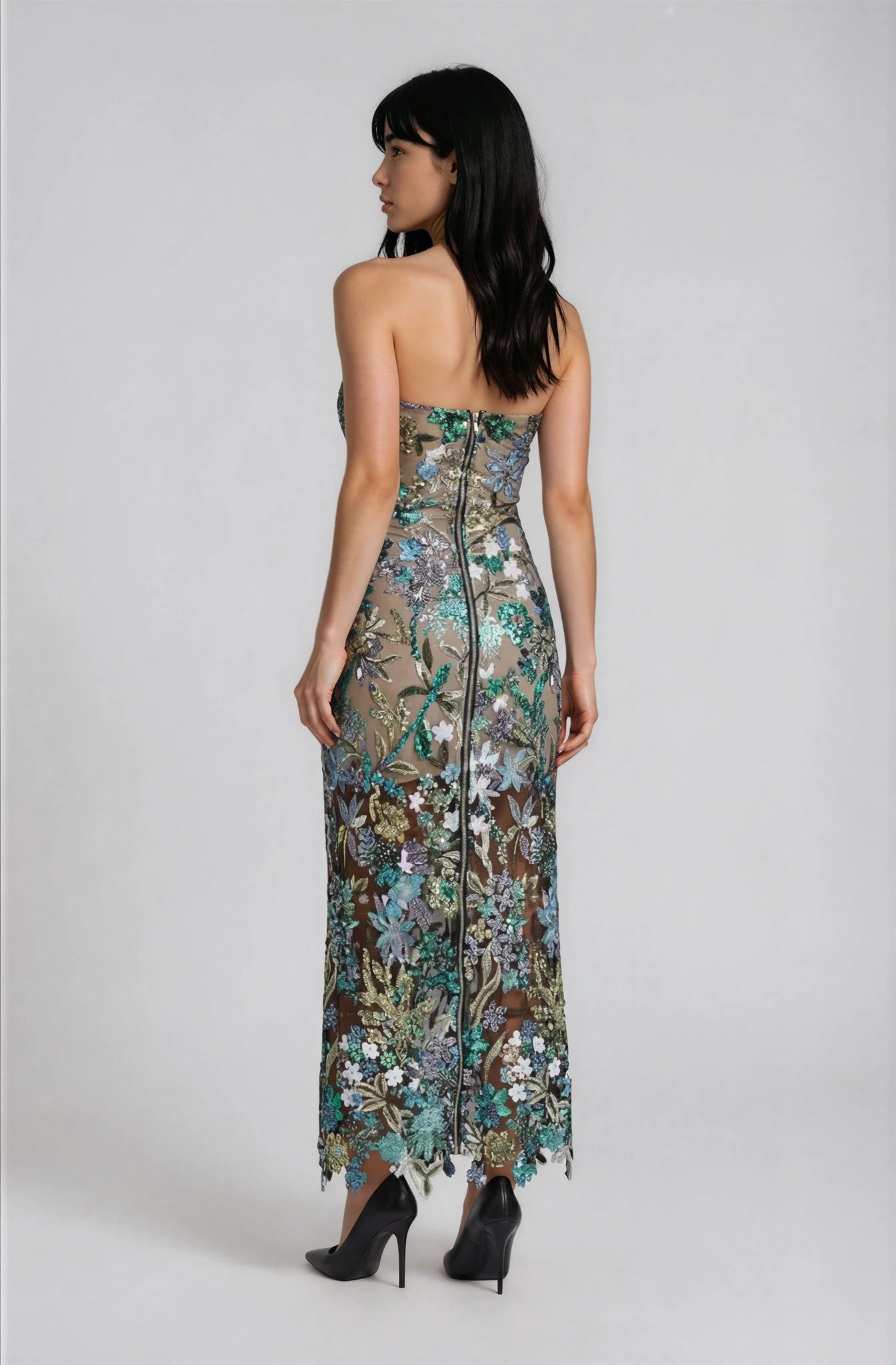 Vestido Midi Strapless Bordado Floral