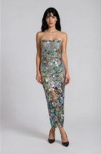 Vestido Midi Strapless Bordado Floral